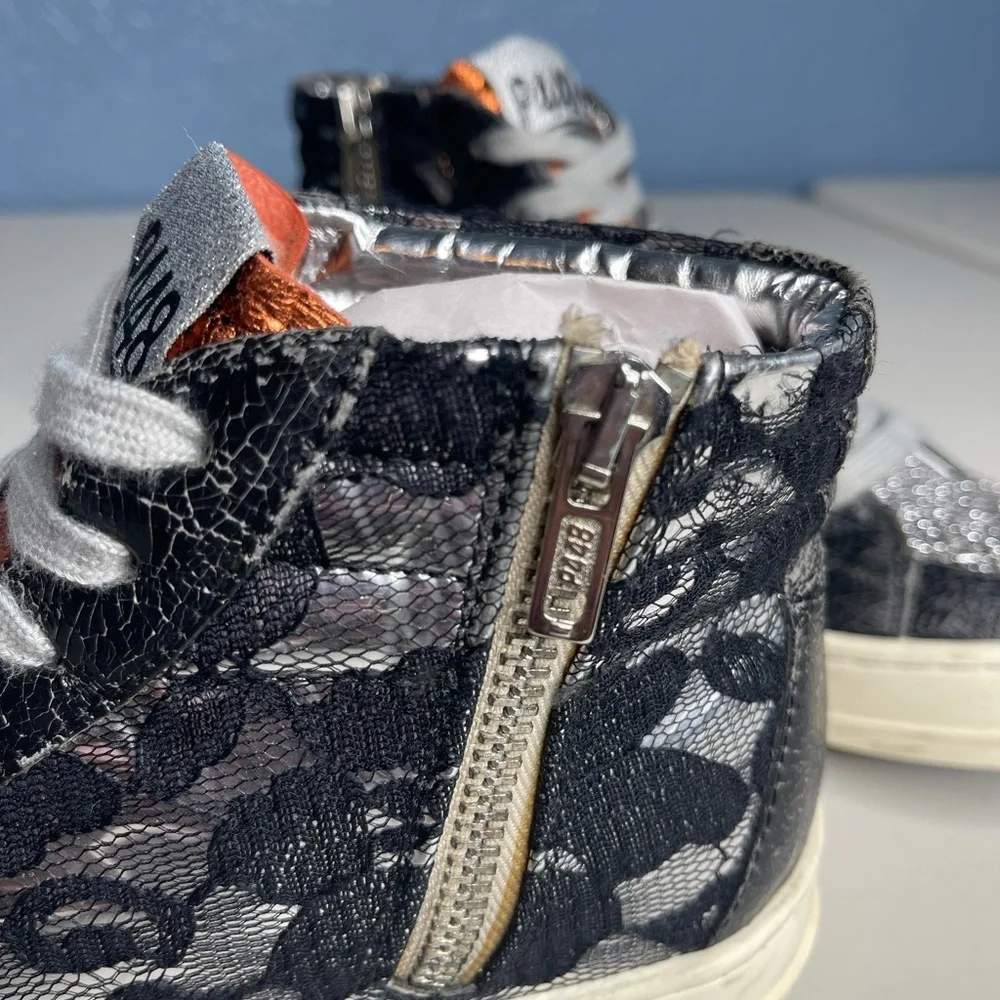 P448 high top sneakers glitter lace metallic Black silver orange  Sz 38 or 7.5/8